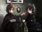  2girls alternate_costume animal_ear_fluff animal_ears bangs black_eyes black_hair brown_hair commentary common_raccoon_(kemono_friends) couch cup earrings extra_ears eyes_visible_through_hair fennec_(kemono_friends) food food_on_face fox_ears fox_girl hair_between_eyes highres holding holding_cup indoors jewelry kemono_friends light_smile long_sleeves looking_at_another multiple_girls nanana_(nanana_iz) one_eye_closed open_mouth outstretched_arm portrait_(object) raccoon_ears raccoon_girl raccoon_tail short_hair stud_earrings tail tray 