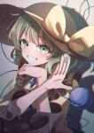  1girl absurdres bow buttons chromatic_aberration collared_shirt commentary commission contrast_collar diamond_button film_grain frilled_shirt_collar frilled_sleeves frills gagaku_kawa_rei green_eyes green_hair grin hands_up hat hat_bow head_rest heart heart_of_string highres holding holding_mahjong_tile komeiji_koishi light_blush light_particles long_sleeves looking_at_viewer mahjong_tile shadow shirt skeb_commission smile solo third_eye touhou wide_sleeves yellow_bow yellow_shirt 