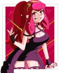  1girl absurdres alternate_costume alternate_hairstyle bare_shoulders black_dress black_gloves breasts cleavage commentary cosplay crossover dress english_commentary fingerless_gloves fingernails fire_emblem fire_emblem_engage gloves hair_ornament highres hoshinokotta large_breasts long_hair looking_at_viewer open_mouth ponytail red_eyes red_hair red_nails simple_background sleeveless sleeveless_dress smile solo spy_x_family star_(symbol) star_hair_ornament tiara twitter_username yor_briar yor_briar_(cosplay) yunaka_(fire_emblem) 