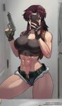  1girl abs artist_name bare_shoulders belt beretta_92 black_belt black_gloves black_lagoon black_tank_top boosty_username breasts brown_hair cellphone cleavage contrapposto covered_face crop_top cutoffs denim denim_shorts fingerless_gloves gloves gun handgun highres holding holding_gun holding_phone holding_weapon holster large_breasts long_hair midriff muscular muscular_female navel patreon_username phone ponytail revy_(black_lagoon) selfie short_shorts shorts shoulder_holster shoulder_tattoo smartphone solo stomach tank_top tattoo thighs toned toned_female tribal_tattoo weapon web_address wersman 