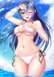  1girl :d arm_up bangs bare_arms bare_legs bare_shoulders bikini blue_eyes blue_hair blush bracelet breasts cleavage cloud cloudy_sky commentary_request cowboy_shot day fisheye flower hair_between_eyes hair_flower hair_ornament halterneck hand_up highres hiro_(725611) jewelry long_hair medium_breasts navel ocean one_eye_closed original side-tie_bikini sidelocks sky smile solo splashing stomach swimsuit teeth thighs upper_teeth white_bikini 