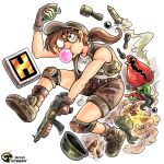  1girl absurdres artist_logo artist_name belt blowing_bubbles boots brown_belt brown_boots brown_eyes brown_gloves brown_hair brown_hat brown_shorts brown_socks brown_vest character_request check_weapon chewing_gum commentary_request dated dust_cloud explosive field_cap fingerless_gloves fio_germi full_body glasses gloves grenade gun hat highres holding holding_grenade holding_gun holding_weapon knee_guards logo mars_people medium_hair metal_slug opaque_glasses partially_opaque_glasses ponytail rocket round_eyewear shirt shorts shotgun_shell simple_background sleeveless sleeveless_shirt smoke smoke_trail socks spanish_commentary submachine_gun tuteheavy vest weapon weapon_request white_background white_shirt 