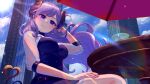  1girl absurdres bangs breasts building closed_mouth cup day demon_tail floating_hair futayamam2 hand_on_own_thigh hand_up highres honey_strap horns long_hair looking_at_viewer medium_breasts mole mole_under_mouth outdoors parasol purple_eyes purple_hair saionji_mary see-through see-through_sleeves solo tail teacup umbrella virtual_youtuber wooden_table 