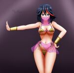  absurdres artist_name belly_dancing black_hair bracer breasts cleavage commentary commission dancer harem_outfit highres kill_la_kill large_breasts matoi_ryuuko microskirt midriff multicolored_hair mythro navel red_hair signature skirt smirk streaked_hair two-tone_hair veil 