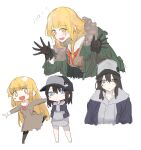  +_+ 2girls aqua_eyes bang_dream! belt black_gloves black_hair blonde_hair blush bow bowtie closed_mouth coat gloves green_coat hands_in_pockets hat hat_ornament highres hood hoodie long_sleeves looking_at_another multiple_girls okusawa_misaki open_hands school_uniform socks tsurumaki_kokoro two-tone_hoodie yellow_eyes zgok1uy8amciwae 