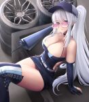  1girl azur_lane bangs blue_dress blue_eyes blue_footwear blue_gloves blue_headwear blush boots breasts cleavage dress eko.art elbow_gloves enterprise_(azur_lane) enterprise_(wind_catcher)_(azur_lane) eyebrows_visible_through_hair gloves highres large_breasts long_hair looking_at_viewer parasol ponytail race_queen sitting solo sunglasses thigh_boots thighhighs thighs tire umbrella white_hair 