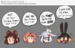2023 4_ears angry animal_ears animal_humanoid ask_blog band-aid band-aid_on_face band-aid_on_nose bandage bandage_on_face bandage_on_nose bangs bear bodily_fluids brown_body brown_ears brown_hair brown_skin canid canid_humanoid canine canine_humanoid circle_eyebrows cross-popping_vein dark_body dark_skin derpyfox_36 dialogue digital_drawing_(artwork) digital_media_(artwork) english_text eye_patch eyebrows eyewear female female_humanoid grey_background grey_ears grey_hair group hair hair_bun humanoid lagomorph lagomorph_humanoid leporid_humanoid light_body light_skin long_ears looking_aside looking_at_viewer mammal mammal_humanoid multi_ear multicolored_hair nervous nervous_sweat orange_ears orange_eyes orange_hair parted_bangs rabbit_humanoid red_eyes short_hair simple_background smile speech_bubble sweat tail tail_grab tail_pull tanuki_humanoid text two_tone_hair ursid_humanoid wolf_humanoid