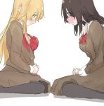  2girls aqua_eyes bang_dream! black_hair black_thighhighs blonde_hair blush bow bowtie bra breasts brown_shirt ear_blush highres long_sleeves looking_at_another looking_at_breasts multiple_girls okusawa_misaki red_bow red_bowtie red_bra school_uniform shirt simple_background sitting skirt socks sweat thighhighs tsurumaki_kokoro underwear wariza yellow_eyes yuri zgok1uy8amciwae 