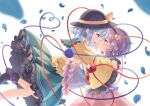  2girls :d backlighting black_footwear black_headwear bloom blue_shirt blush eye_contact frilled_shirt_collar frills green_eyes green_skirt hairband hat heart heart_of_string komeiji_koishi komeiji_satori long_sleeves looking_at_another looking_at_viewer mimi_(mimi_puru) multiple_girls open_mouth petals pink_skirt profile purple_eyes purple_hair shirt short_hair siblings sisters skirt smile third_eye touhou white_background wide_sleeves yellow_shirt 