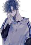  1boy adam&#039;s_apple black_shirt blue_eyes blue_hair earrings hand_on_own_face highres hood hooded_sweater jewelry long_sleeves looking_at_viewer male_focus original parted_bangs shirt short_hair signature solo sweater taiyakitarou upper_body zipper 