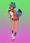 absurd_res animal_humanoid anthro blue_hair bottomwear brand_new_animal brown_body brown_fur canid canid_humanoid canine canine_humanoid clothing dipstick_tail facial_markings female footwear fur hair head_markings hi_res humanoid jacket mammal mammal_humanoid markings mask michiru_kagemori mrleechugo raccoon_dog shirt shoes shorts socks solo srlechugo studio_trigger tail tail_markings tanuki_humanoid topwear