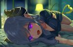  1girl absurdres blurry blurry_background breasts demon_tail futayamam2 grey_hair highres honey_strap horns indoors lamp light_blush looking_at_viewer lying medium_breasts mole mole_under_mouth on_side open_mouth purple_eyes saionji_mary shorts solo tail virtual_youtuber 