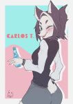  2021 5_fingers anthro ayabemiso black_hair blush bottle breasts butt canid clothing female fingers fur green_eyes hair hi_res holding_bottle holding_object looking_at_viewer mammal shirt simple_background smile solo topwear white_body white_fur 