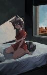  1girl alternate_costume animal_ears bangs bare_legs barefoot black_hair brown_eyes commentary common_raccoon_(kemono_friends) day dress extra_ears grey_hair hair_between_eyes highres indoors kemono_friends looking_at_viewer medium_hair multicolored_hair nanana_(nanana_iz) on_bed open_window pillow puffy_short_sleeves puffy_sleeves raccoon_ears red_dress short_sleeves sitting solo two-tone_hair window 