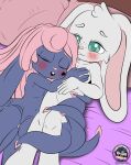 absurd_res anthro bed bed_covers bed_sheet bedding bedroom buckteeth cephalopod character_request coleoid eyes_closed female fur furniture green_eyes hair hi_res hug hugging_another hybrid lagomorph leporid looking_at_another male male/female mammal marine mollusk octopodiform octopus on_bed pillow pink_hair pink_nose purple_body rabbit rabbit_ears sirjzau sleeping teeth tentacles white_body white_fur