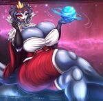 anthro avian avian_demon big_breasts bird breasts cape clothing crossgender crown feathers female fingers headgear helluva_boss hi_res huge_breasts mtf_crossgender multi_eye nightlyflare non-mammal_breasts open_mouth owl owl_demon red_eyes solo stolas_(helluva_boss) tail tail_feathers thick_thighs tongue