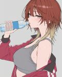  1girl 37bannai after_exercise ai-generated aketa_mikoto blonde_hair blush bottle breasts drink from_side grey_background grey_sports_bra highres holding holding_bottle idolmaster idolmaster_shiny_colors jacket large_breasts looking_to_the_side medium_hair messy_hair multicolored_hair red_hair solo sports_bra sweat three_quarter_profile track_jacket two-tone_hair unworn_jacket upper_body very_sweaty water_bottle 