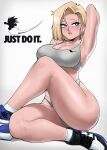  1girl absurdres android_18 ankle_socks arm_up armpits bare_legs blonde_hair blue_eyes blue_nails breasts cleavage crossed_legs dragon_ball dragon_ball_z echo_saber english_commentary full_body grey_shorts grey_sports_bra highleg_shorts highres just_do_it_(meme) large_breasts leg_up lips looking_away makeup mascara meme nike shoes short_hair short_shorts shorts sitting sneakers socks solo sports_bra white_legwear 