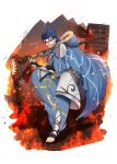  1boy blue_hair cape cu_chulainn_(caster)_(fate) cu_chulainn_(fate) earrings fate/grand_order fate_(series) fire floating_hair full_body fur-trimmed_hood fur_trim grin harem_pants highres holding holding_staff hood hood_down hooded_cape jewelry long_hair looking_at_viewer male_focus open_mouth pants red_eyes ruuto_(ruto3) single_vambrace smile solo spiked_hair staff toeless_footwear vambraces wooden_staff 