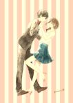  1boy 1girl artist_name bare_shoulders black_hair black_necktie black_pants black_suit blue_skirt braid braided_ponytail breasts brown_eyes brown_hair brown_shoes closed_mouth couple earrings formal_clothes full_body hand_grab hand_on_another&#039;s_waist hetero high_heels hosaka_kinami jacket jewelry leg_up looking_at_another medium_hair necktie original painting_(medium) pale_color pants pink_background pink_shoes pleated_skirt shirt shoes short_hair signature skirt sleeveless sleeveless_shirt small_breasts standing standing_on_one_leg striped_background suit suit_jacket traditional_media vertical-striped_background watercolor_(medium) white_background white_shirt 
