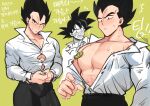  2boys bara bare_pectorals black_hair black_pants blush collared_shirt dragon_ball dragon_ball_z flying_button highres large_pectorals looking_at_another looking_at_viewer male_focus minor_(minor2730) multiple_boys muscular muscular_male open_mouth pants pectoral_focus pectorals popped_button shirt short_hair son_goku spiked_hair translation_request vegeta white_shirt 