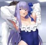  1boy 1girl absurdres ao_banana armpits arms_behind_head arms_up bangs bare_shoulders black_hair blue_eyes blue_ribbon blush breasts chaldea_uniform choker collarbone covered_navel fate/grand_order fate_(series) frills fujimaru_ritsuka_(male) hair_ribbon highleg highleg_swimsuit highres long_hair long_sleeves looking_to_the_side meltryllis_(fate) meltryllis_(swimsuit_lancer)_(fate) meltryllis_(swimsuit_lancer)_(second_ascension)_(fate) off-shoulder_one-piece_swimsuit off_shoulder one-piece_swimsuit open_mouth puffy_sleeves purple_hair ribbon shirt short_hair sleeves_past_fingers sleeves_past_wrists small_breasts smile swimsuit very_long_hair white_ribbon white_shirt 