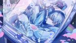  1boy bandaid blue_hair blue_jacket blue_pants bottle closed_mouth crane_game cuffs english_text full_body handcuffs handheld_game_console highres holding holding_handheld_game_console jacket looking_at_viewer male_focus no_shoes original pants short_hair solo sportswear star_(symbol) taiyakitarou track_jacket track_pants track_suit water_bottle 