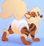 2025 abdl arcanine auroraskyyy big_tail black_nose bodily_fluids colored_sketch cute_fangs diaper digital_drawing_(artwork) digital_media_(artwork) fangs feet feral fur generation_1_pokemon genital_fluids head_tuft hi_res hindpaw looking_back male multicolored_body multicolored_fur neck_tuft nintendo pawpads paws pokemon pokemon_(species) rear_view simple_background sketch smile solo striped_body striped_fur stripes tail teeth tuft unclean_diaper urine used_diaper wet_diaper
