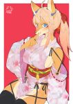  2021 5_fingers anthro asian_clothing ayabemiso big_breasts blonde_hair blue_eyes border breasts canid canine clothing east_asian_clothing female fingers fox hair hi_res looking_at_viewer mammal red_background rope simple_background sitting smile solo tongue tongue_out white_border 