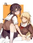  2girls :/ absurdres aficksuna arm_on_knee arm_support bang_dream! between_legs black_hair black_skirt blonde_hair blush brown_dress brown_vest buttons chinese_commentary closed_mouth commentary_request double-breasted dress feet_out_of_frame fingernails full_body hair_between_eyes hair_ornament hair_over_shoulder hairclip hanasakigawa_school_uniform hand_rest highres kneehighs knees_up long_hair long_sleeves looking_at_viewer looking_back medium_hair multiple_girls neck_ribbon no_shoes notice_lines okusawa_misaki orange_background pleated_skirt reclining red_ribbon ribbon sailor_dress school_uniform shirt short_sleeves skirt socks squiggle tsurumaki_kokoro two-tone_background vest white_background white_shirt white_socks winter_uniform yellow_eyes yuri 