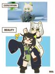  &gt;_&lt; 2girls :3 absurdres animal_ears arknights black_coat black_hair cat_ears cat_girl coat creature_and_personification dress expectation_vs._reality grabbing_another&#039;s_ear green_dress green_eyes green_hair hand_on_another&#039;s_ear highres kal&#039;tsit_(arknights) kuhl-notes mon3tr_(arknights) mon3tr_(summon)_(arknights) multiple_girls open_mouth oversized_clothes personification 