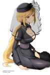  1girl black_dress black_pantyhose blonde_hair breasts character_name cleavage closed_mouth clothing_cutout dress funeral_dress funeral_veil hashtag-only_commentary highres jewelry large_breasts long_hair low_ponytail necklace official_alternate_costume official_alternate_hairstyle pantyhose pearl_necklace ponytail shokuhou_misaki sitting solo sparkling_eyes spider_web_print toaru_majutsu_no_index toaru_majutsu_no_index:_genesis_testament twitter_username usubeni veil very_long_hair white_background yellow_eyes yokozuwari 