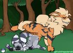 animal_genitalia anthro arcanine balls big_tail black_nails black_snout black_stripes bodily_fluids colored_nails cum cum_inside domestic_ferret duo female feral fur generation_1_pokemon genital_fluids genitals grass great_ball grey_body grey_fur hi_res knotting male male/female mammal mustelid musteline nails neck_tuft nintendo orange_body orange_fur pawpads plant pokeball pokemon pokemon_(species) polaroid_(yasterwolly) polaroid_photo purple_pawpads sheath shrub stripes tail teeth tree true_musteline tuft weasel white_body white_fur yasterwolly