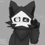 ambiguous_gender black_body black_fur black_pawpads canid canine changed_(video_game) fluffy fluffy_chest fur gesture goo_creature grey_background hi_res male mammal one_eye_closed pawpads puro_(changed) simple_background solo wolfchengchibai