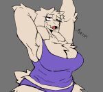 2025 aaaaaron122 absurd_res anthro big_breasts boss_monster_(undertale) bovid breasts caprine cleavage clothed clothing digital_drawing_(artwork) digital_media_(artwork) english_text female flat_colors fur goat grey_background half-closed_eyes hands_behind_head hi_res horn huge_breasts mammal narrowed_eyes open_mouth panties purple_clothing purple_panties purple_shirt purple_tank_top purple_topwear purple_underwear raised_arms red_eyes scut_tail shirt short_tail simple_background solo stretching tail tank_top text tongue topwear toriel undertale_(series) underwear waking_up white_body white_fur