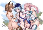  3boys animal_ears ansel_(arknights) arknights armband ass bison_(arknights) blue_hair blue_headwear brown_hair closed_mouth covered_navel cow_boy cow_ears cow_horns cow_tail earrings elbow_gloves erection fingerless_gloves gloves hair_between_eyes hat highres horns jewelry looking_at_viewer male_focus mizuki_(arknights) multiple_boys navel nipples otoko_no_ko penis pink_hair precum rabbit_ears smile stmast tail testicles thighhighs uncensored white_gloves 