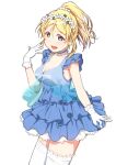  1girl ayase_eli beads blonde_hair blue_choker blue_dress blue_eyes blush breasts choker cleavage dress flower frilled_choker frilled_dress frilled_thighhighs frills gloves hair_beads hair_flower hair_ornament hand_up highres looking_at_viewer love_live! love_live!_school_idol_project open_mouth ponytail simple_background skull573 sleeveless smile solo thighhighs white_background white_gloves white_thighhighs 