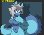 anthro blue_eyes breasts bulletproof-kitty canid canine changed_(video_game) female fur lin mammal mirror multicolored_body multicolored_fur mythological_creature mythology simple_background solo