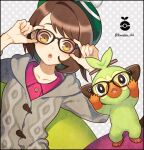  1girl :o adjusting_eyewear asatori_(ekisuzikara) bespectacled blush bob_cut brown_eyes brown_hair buttons cable_knit cardigan collared_dress commentary_request dress glasses gloria_(pokemon) green_headwear grey_background grey_cardigan grookey hands_up hat hooded_cardigan looking_at_viewer open_mouth pink_dress pokemon pokemon_(creature) pokemon_(game) pokemon_swsh polka_dot polka_dot_background short_hair tam_o&#039;_shanter teeth tongue upper_teeth 