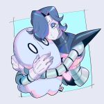  1boy android black_eyes blue_background border bright_pupils character_doll closed_mouth commentary_request cropped_torso eyeshadow fewer_digits gloves grey_border grey_eyeshadow grey_hair hair_over_one_eye heart holding holding_stuffed_toy hug looking_at_viewer makeup male_focus mechanical_arms mettaton mettaton_ex napstablook one_eye_covered outline outside_border short_hair sigumado66 simple_background solo stuffed_toy undertale white_gloves white_outline white_pupils 