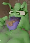 3d_(artwork) anthro big_tongue bodily_fluids breasts cleavage clothed clothing digital_media_(artwork) duo female female_pred gastropod hand_on_tongue human human_on_anthro inside_mouth interspecies larger_female mammal mollusk mouth_shot neck_bulge open_mouth overweight overweight_female saliva saliva_on_tongue saliva_string silly_roll size_difference slug soft_vore struggling struggling_prey swallowing tongue vore