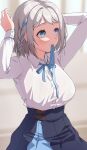  1girl absurdres adjusting_hair arms_up bikini bikini_under_clothes blue_eyes blue_overskirt blue_ribbon blue_skirt blush braid breasts deras gakuen_idolmaster grey_hair hair_ribbon hatsuboshi_gakuen_school_uniform highres idolmaster katsuragi_lilja large_breasts long_sleeves looking_ahead neck_ribbon ribbon ribbon_braid school_uniform see-through_clothes see-through_shirt shirt shirt_tucked_in skirt solo swimsuit white_shirt 