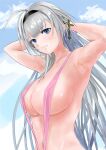  1girl armpits azur_lane black_hairband blue_sky breasts covered_nipples cross_hair_ornament from_side grey_hair hair_ornament hairband hands_in_hair highres large_breasts long_hair mainz_(azur_lane) pink_swimsuit presenting_armpit purple_eyes sky slingshot_swimsuit solo sprocket-gama sweat swimsuit upper_body very_long_hair 