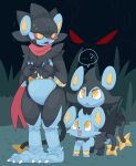  absurd_res ambiguous_gender anthro bodily_fluids clothing costume felid feline feral fursuit grass group hi_res luxio luxray mammal nintendo plant pok&eacute;mon pok&eacute;mon_(species) red_eyes scarf shinx sweat trio video_games winte yellow_eyes 