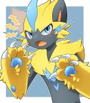  blue_eyes blush border claws commentary_request fang grey_background highres looking_at_viewer no_humans open_mouth outline pokemon pokemon_(creature) signature solo tongue upper_body white_border yellow_fur yuni_(rrye7423) zeraora 