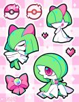  artist_name bob_cut bowl_cut closed_eyes colored_skin dress evolutionary_line gardevoir green_hair green_skin hair_over_eyes hair_over_one_eye highres horns kirlia love_ball mega_stone multicolored_skin pink_background pink_eyes poke_ball pokemon pokemon_(creature) premier_ball ralts sidelocks slys_(jesterdysphoria) two-tone_skin white_dress white_skin 