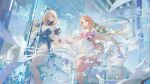  2girls bare_shoulders blonde_hair blue_dress blue_eyes blue_petals breasts cartethyia_(wuthering_waves) chromatic_aberration closed_mouth commentary_request dress fleurdelys_(wuthering_waves) high_heels highres horns korean_commentary large_breasts long_hair looking_at_viewer modare multiple_girls official_alternate_costume parted_lips pelvic_curtain pink_shoes pointy_ears shoes side_slit single_horn smile tacet_mark_(wuthering_waves) very_long_hair white_dress wuthering_waves yellow_horns 