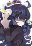  1girl @_@ absurdres ahoge banette bangs black_sweater blue_eyes blue_hair blush border commentary dress english_commentary flipped_hair frilled_sleeves frills gastly gengar grace_hosanna_marquez_carranco hair_between_eyes hairband hands_up hex_maniac_(pokemon) highres long_hair long_sleeves looking_at_viewer mimikyu open_mouth outline outside_border pokemon pokemon_(creature) pokemon_(game) pokemon_xy purple_dress purple_hairband sidelocks solo_focus sparkling_eyes spider_web_print sweater turtleneck upper_body v wavy_hair wavy_mouth white_border white_outline 