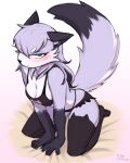 absurd_res anthro biped black_body black_fur black_nose black_tail blue_eyes blush breasts canid canine cleavage clothed clothing eyebrows female fingers fur grey_body grey_fur grey_tail hi_res jarnqk kneeling legwear mammal skimpy solo tail thigh_highs white_body white_fur