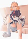  1girl a-ah absurdres apron blonde_hair blue_dress blue_eyes blush braid breasts centaureissi_(girls&#039;_frontline_2) commentary_request dress frilled_dress frilled_thigh_strap frills from_below g36_(girls&#039;_frontline) girls&#039;_frontline girls&#039;_frontline_2:_exilium gloves hair_over_one_eye highres large_breasts looking_at_viewer looking_down maid_headdress medium_hair panties single_braid skirt_hold socks solo standing standing_on_one_leg thigh_strap thighs underwear waist_apron white_apron white_gloves white_panties white_socks 